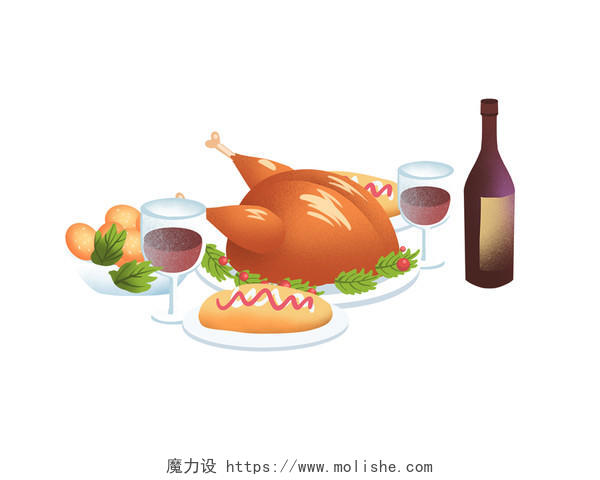 彩色手绘卡通原创感恩节火鸡晚餐食物美食PNG素材